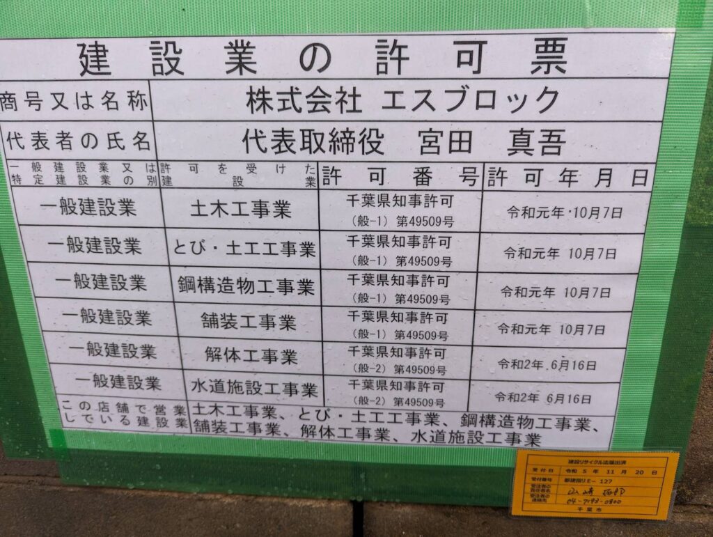 解体現場
看板
建設業の許可票
リサイクルシール
解体リサイクル法届出
エスブロック